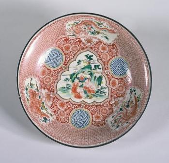 赤絵　割模様五羅漢図平鉢　斉田道開作