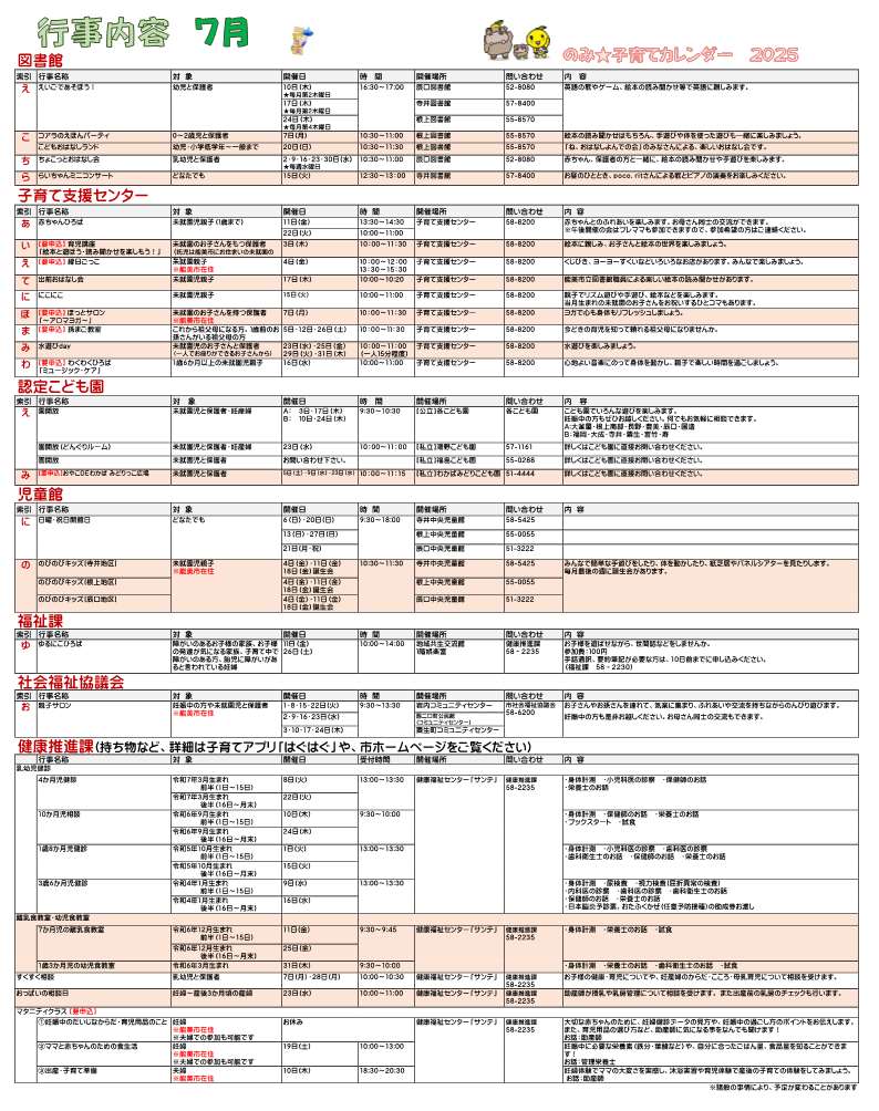 のみ子育てカレンダー7月号（2025年）