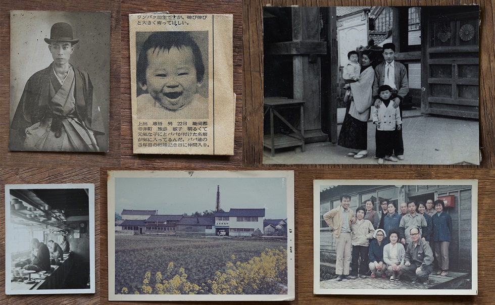 写真上左から二代上出長右衛門さん、赤ちゃんの時に載った惠悟の新聞、四代目夫婦と幼い五代目の家族写真、写真下段は昭和30年代から50年代頃の窯元と働いていた方々の様子